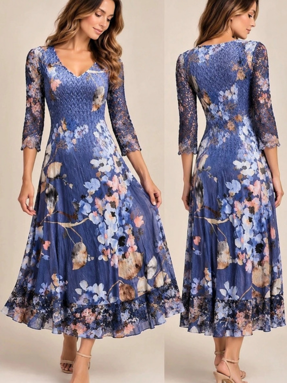 Komarov Floral Midi Dress Blue Purple Lace Trim Sheer 3/4 Sleeve Size L